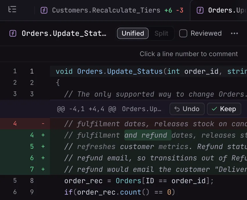 The Changes panel on Orders.Update_Status in the Unified view: the first lines are unchanged, then a hunk with Undo and Keep. The hunk rewrites the comment at the top of the function to cover refunds.