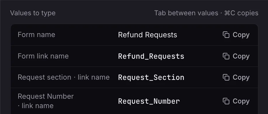 Values to type (Tab between values; ⌘C copies): Form name Refund Requests, Form link name Refund_Requests, Request_Section and Request_Number, each with Copy.
